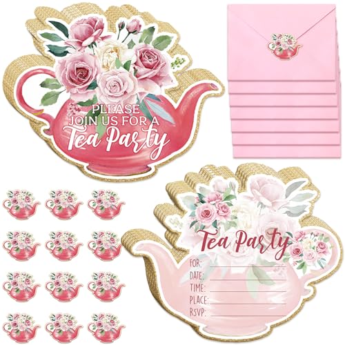 Hotop 24 Sets Teapot Birthday Invitations with Envelopes and Stickers FOR GIRLS Party Invitations for Kids Birthday Baby Shower Party
