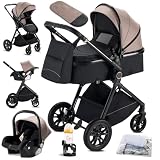 KAVELLIN Poussette 3 en1, avec Siège Auto Léger Pour Bébé Poussette Combinée Pliable Pour enfants âgés de 0 à 36 mois, Poussette Incl. Porte gobelet, moustiquaire, couvre pieds, housse de pluie,Kaki