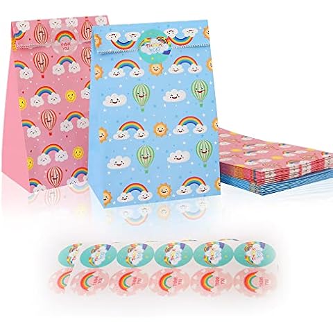 Pack of 20 Party Bags, AUERVO Party Paper Bags Gift Flat Bottom Kraft Candy Bag with 20 Thank You Stickers for Party Favors Birthday Kids Party Cover