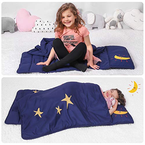 TILLYOU Toddler Nap Mat with Pillow for Boys Girls, Moon Sky Theme, Soft Warm Kids Sleeping Bag Sack for Daycare, Preschool and Kindergarten, Ages 2-4 Years, Navy - Thumbnail 3