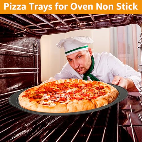 JMIATRY 2 Pack 14 inch Pizza Trays for Oven Non Stick, Non-Stick Pizza Pan with Handles, Carbon Steel Pizza Oven Trays, Black - Image 5