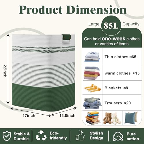 Image of Laundry Hamper, 85L Tall Laundry Basket with Leather Handles, Rectangle Large Clothes Hamper for Organizing, Cotton Woven Laundry Baskets Storage Hampers for Bedroom, Nursery, Living Room