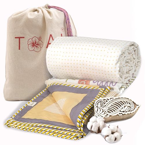 Image of TOAIArt Premium Jaipuri Dohar | AC Blanket Summer Quilt | Hand Block Printed | 3 Layers | Reversible | 150GSM 100% Mulmul Cotton | 100% Cotton Flannel Filling | King 108 inch X 90 inch |Yellow Polka Homes