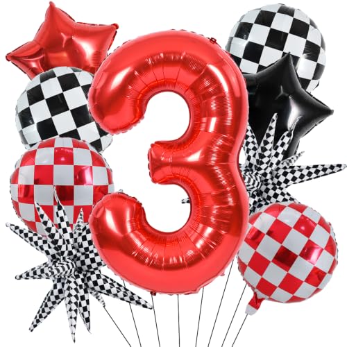 Image of TONIFUL Race Car Party Balloons Set - 40 Inch Red Number 3 Foil Balloon with Checkered Round, Explosion Star & Star Balloons for Boys 3rd Birthday Car Themed Decorations, Photo Backdrop Supplies