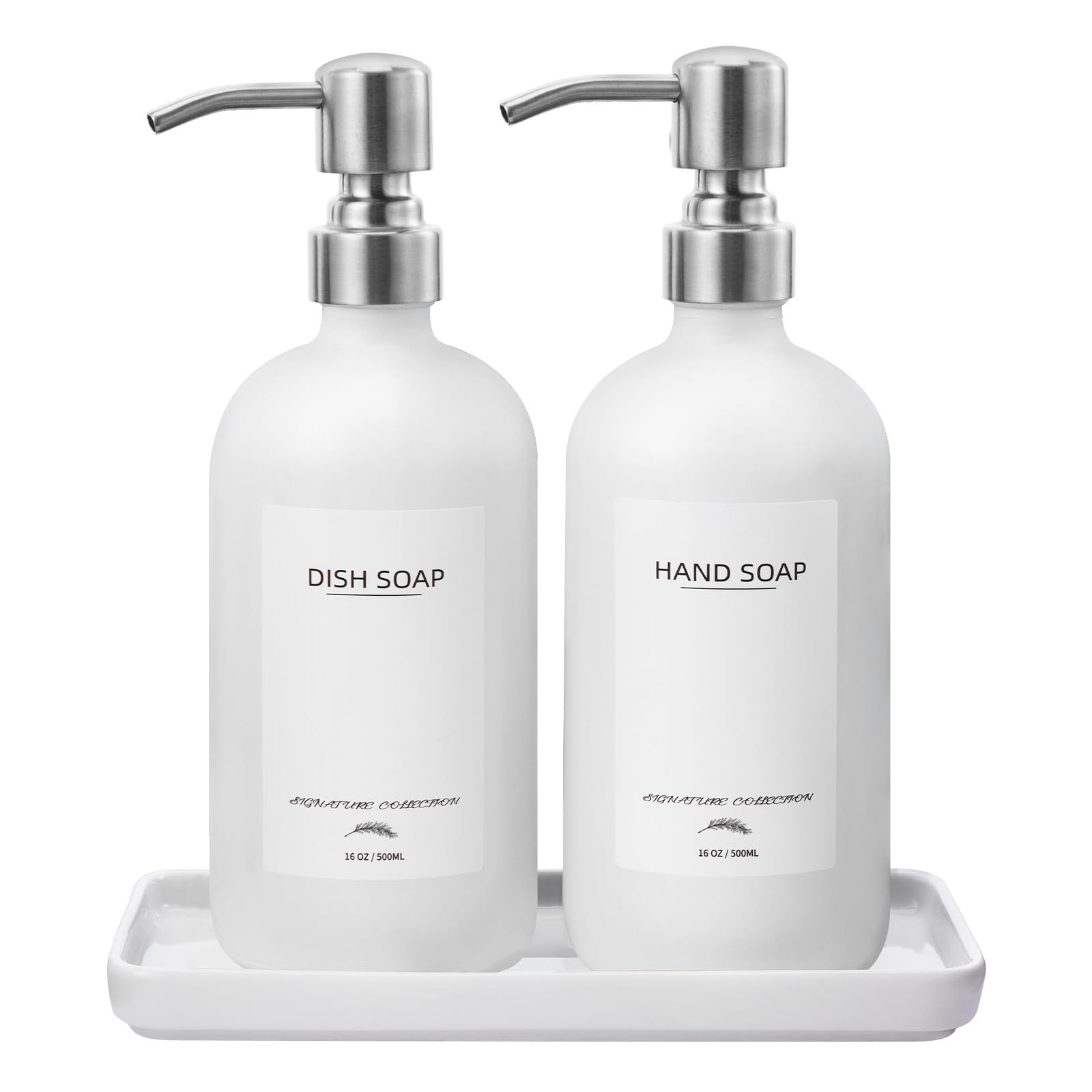 Glass Dish Soap Dispenser with Ceramic Tray and Stainless Steel Pump, Kitchen Soap Dispenser Set with 12 Waterproof Labels, Hand and Dish Soap Dispenser for Kitchen Bathroom Farmhouse