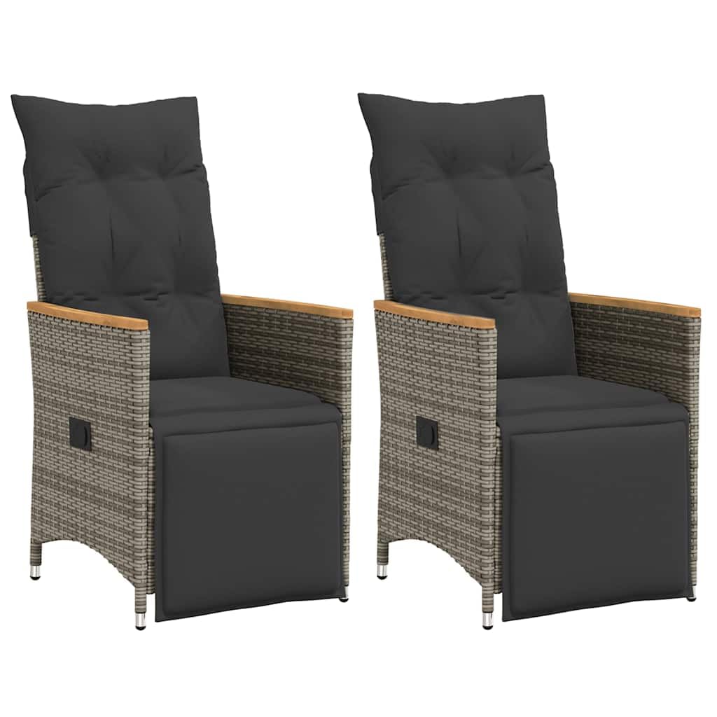 Sillón de jardín ajustable con cojín, 2 piezas, polirratán, color gris, para exteriores, con funda extraíble