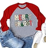 Christmas Shirt for Women Raglan Long Sleeve Merry Believe Tree Graphic Festival Shirts Vacation Trendy Tops(SC03RLGR,Small)