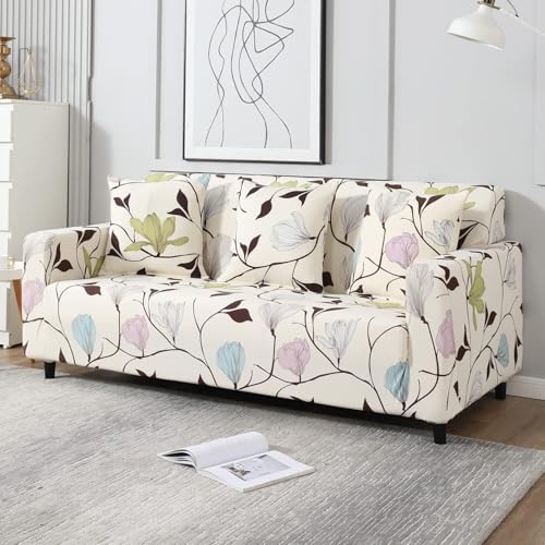 Image of HOKIPO Elastic Stretchable Universal Sofa Cover 3 Seater, Beige Brown Leaves (NEW-AR-4095-D20)