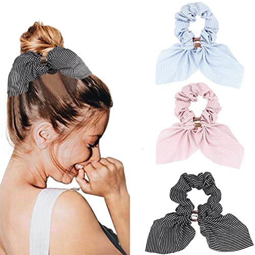 Avanlin Bow Hair Scrunchies Stripe Bowknot Hair Scrunchie Chiffon Bow Hair Ties Bunny Ear Hair Ties Ropes Ponytail Holder Elastic Scrunchy Ties For Women and Girls (Pack of 3)