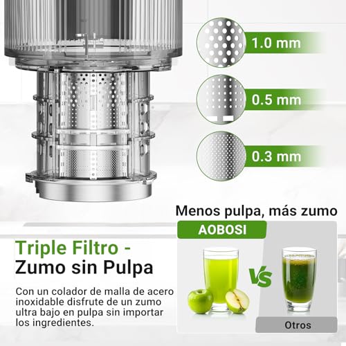 AOBOSI Extractor De Zumos Y Verduras – Boca XXL de 126 mm para Frutas y Verduras Enteras – 1.5 L, 200 W, Extractor de jugos Cold Press Slow Juicer Machine con Sinfín Mejorado, Triple Filtro - imagen 6
