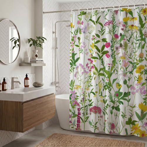 Rideau de douche tissu polyester imperméable avec anneaux fleurs sauvages - 5