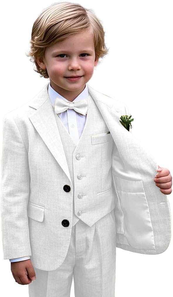 Boys Linen Suit Kids Wedding Ring Bearer Outfit 3 Piece Vest Jacket Pants Suit Set