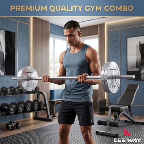 Image of Leeway Metal Home Gym Set 20 Kg Combo with Steel Weight Plates, 3Ft Curl Rod, 5Ft Straight Rod and Steel Dumbbell Set & Barbell | Full Body Workout Equipment for Home and Beginners (20kg Set (5X4))