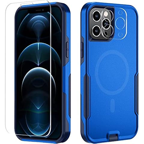 Xmon for iPhone 12 pro max Magnetic case [MIL-Grade Drop Tested & with MagSafe] Tempered Glass Screen Protector with Camera Lens Phone Case Cover for Phone 12 Pro Max 6.7 inch (Blue) Cover