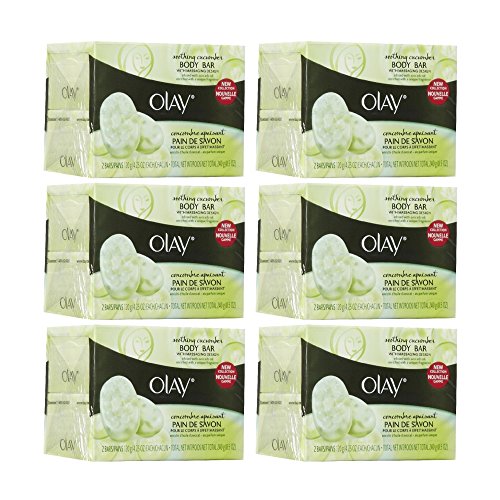 Olay Soothing Cucumber Body Bar Soap with Massaging Design (Pack of 6= Total of 12 Bars) | 4.24 oz