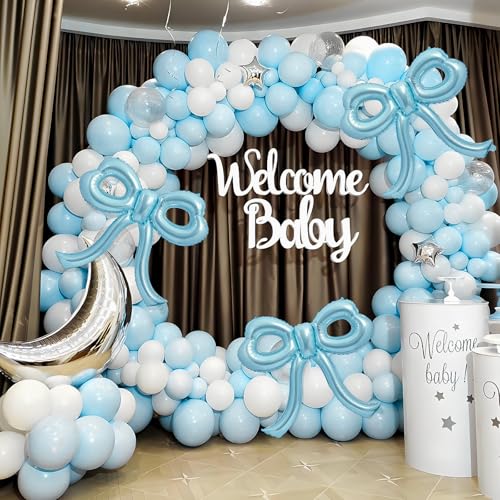 Image of 4 Pcs Blue Bow Balloons Bow Birthday Party Decorations for Girl Women Bow Decor Blue Birthday Decorations Giant Light Blue Balloons for Baby Shower Bridal Bachelorette Party Supplies