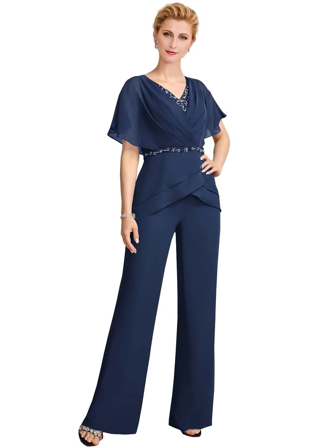 Chiffon Mother of The Bride Pant Suits Jumpsuit for Women Dressy Wedding - 2 Pieces Pleated Beaded Sequin