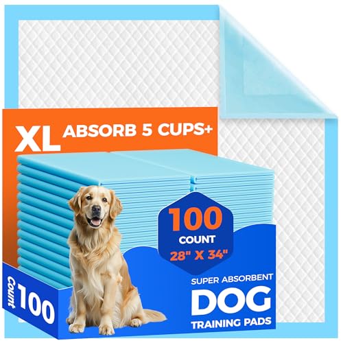 Dog Pee Pads Extra Large 28″x34″ – 100 Pack Super Absorbent XLarge Puppy Pads 100 Count Leak-Proof Disposable XL Pet Potty Training Pads for Dogs, Puppies, Doggy
