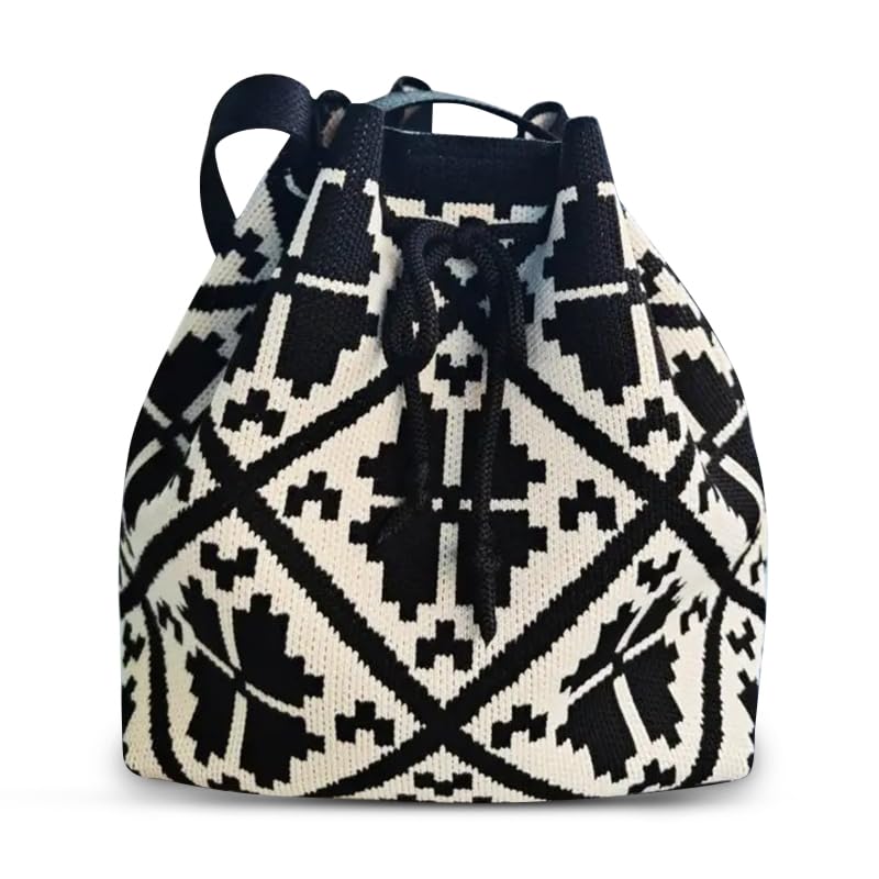 Image of Kawn Women's Crochet Drawstring Bucket Bag, Stylish Tote Purse, Crossbody Shoulder Bag, Boho Chic Handbag for Beaches, Party and Everyday Use.