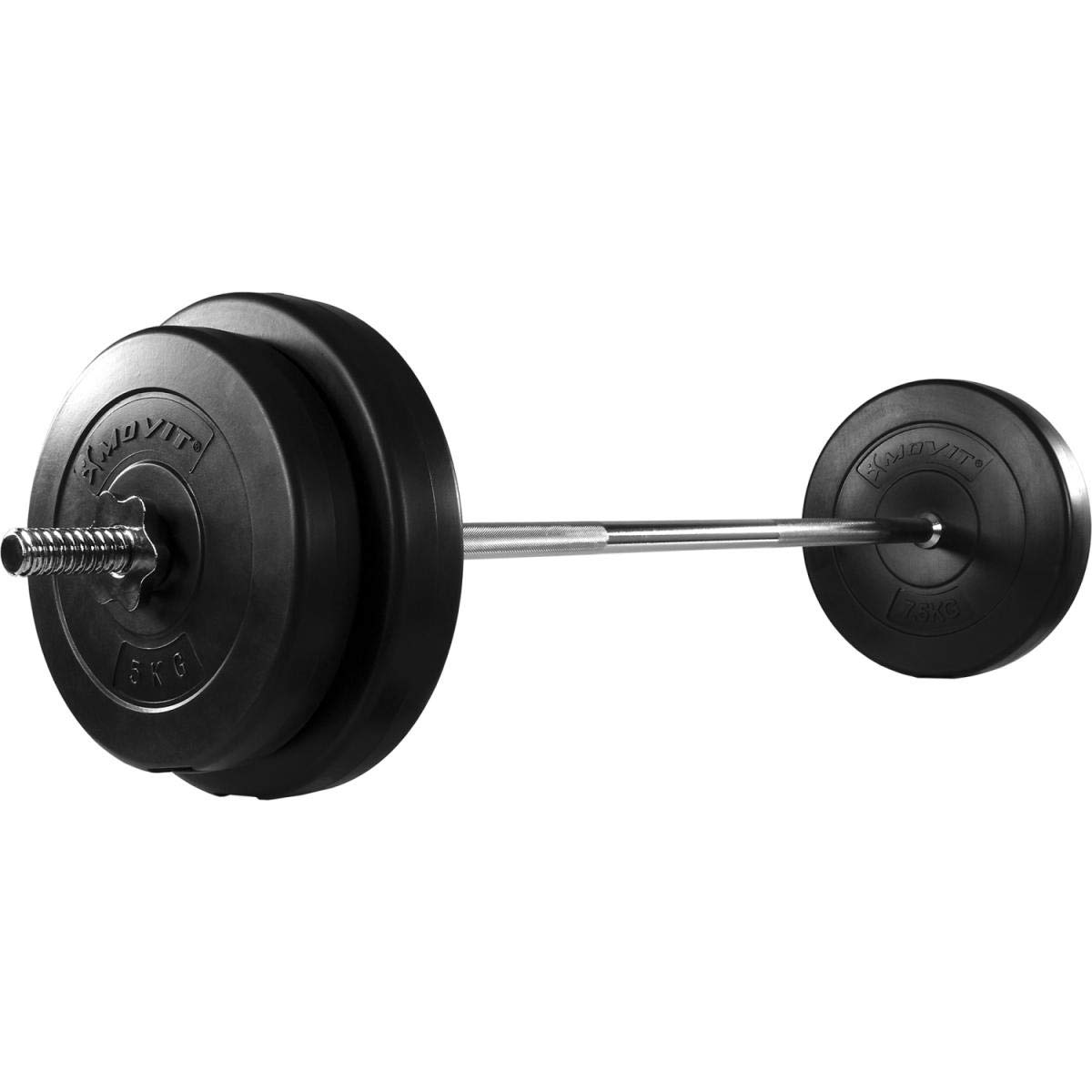 MOVIT Bilanciere con Pesi - 30kg, Dritto, Diametro 25mm, Lunghezza 121,5 cm, in Acciaio Cromato, Chiusura a Vite, Dischi Rivestiti in Plastica, Nero - Asta con Pesi Palestra, Fitness, Allenamento