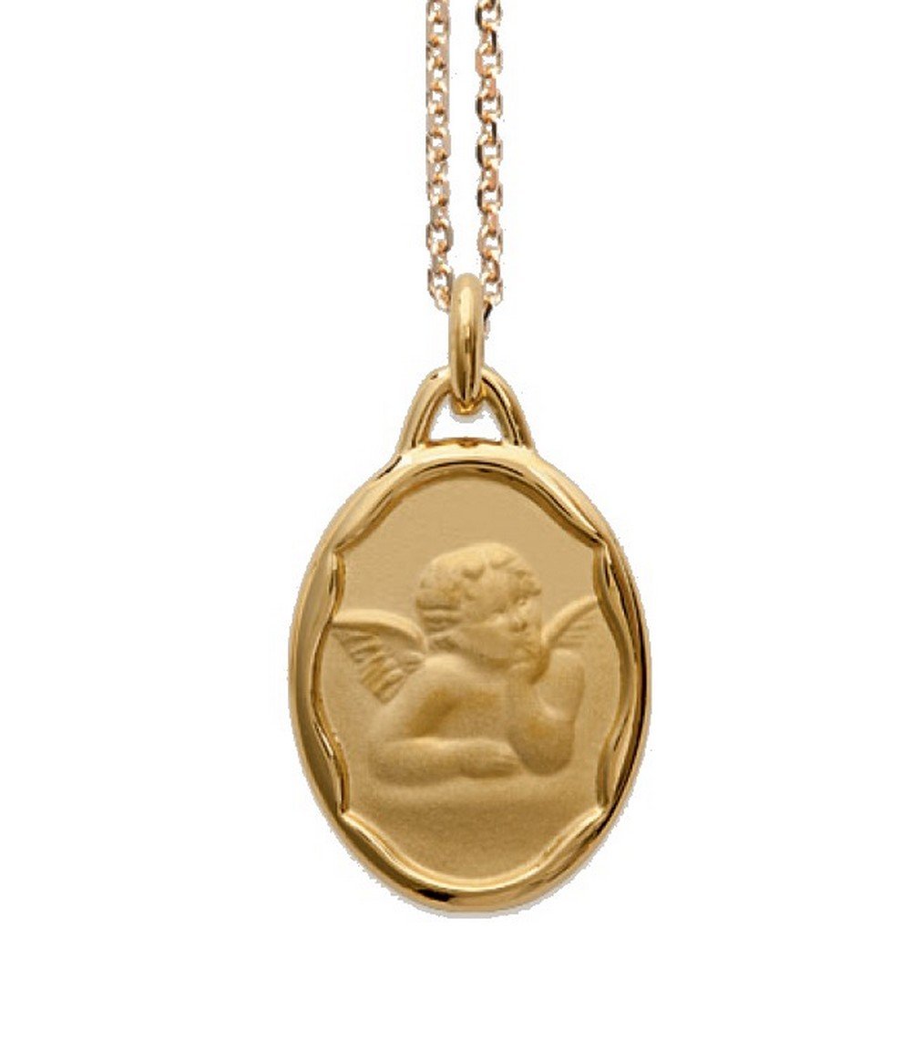 Ensemble pendentif naissance médaille ange plaqué or pour baptême ou communion avec chaine 40cm et écrin et gravure possible enfant bébé femme