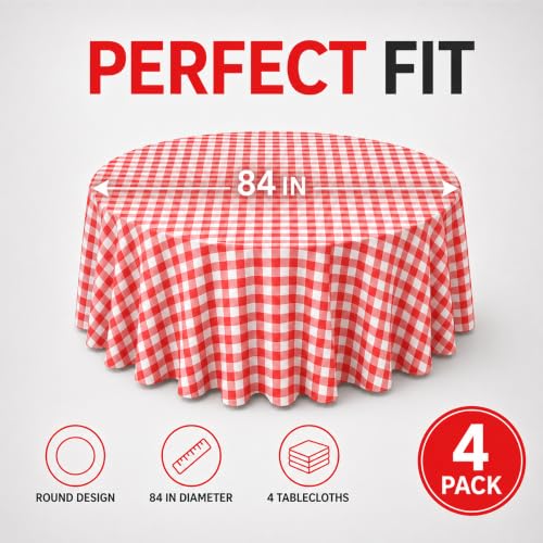 Image of WNINK 4 Pack Red Gingham Round Tablecloth, 84 Inch Disposable Plastic Table Covers, Red Checkered Round Table Cover for Birthday Parties, Holiday, Picnic, BBQ, Family Gathering Party Supplies