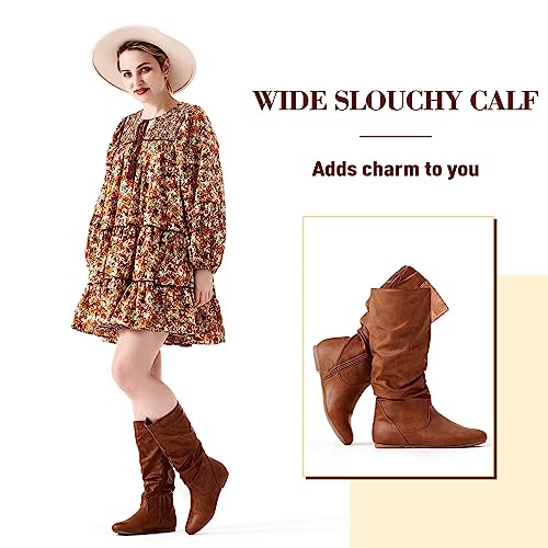 Katliu Women's Slouchy Mid Calf Boots Zip Up Flat Boots Brown #TOP1