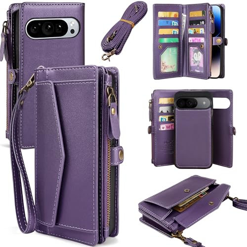 DKDKSIP for Google Pixel 9 Pro XL Wallet Case for Women, Pixel 9 Pro XL 5G Case with RFID Blocking Card Holder, Leather Zipper Wallet Detachable Magnetic Phone Case with Crossbody Strap, Purple