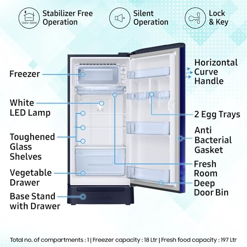 Image of Samsung 215 L, 5 Star, Digital Inverter, Direct-Cool Single Door Refrigerator (RR23H2H35HS /HL, Hydrangea Blue, Base Stand Drawer, Single Touch Defrost, 2026 Model)