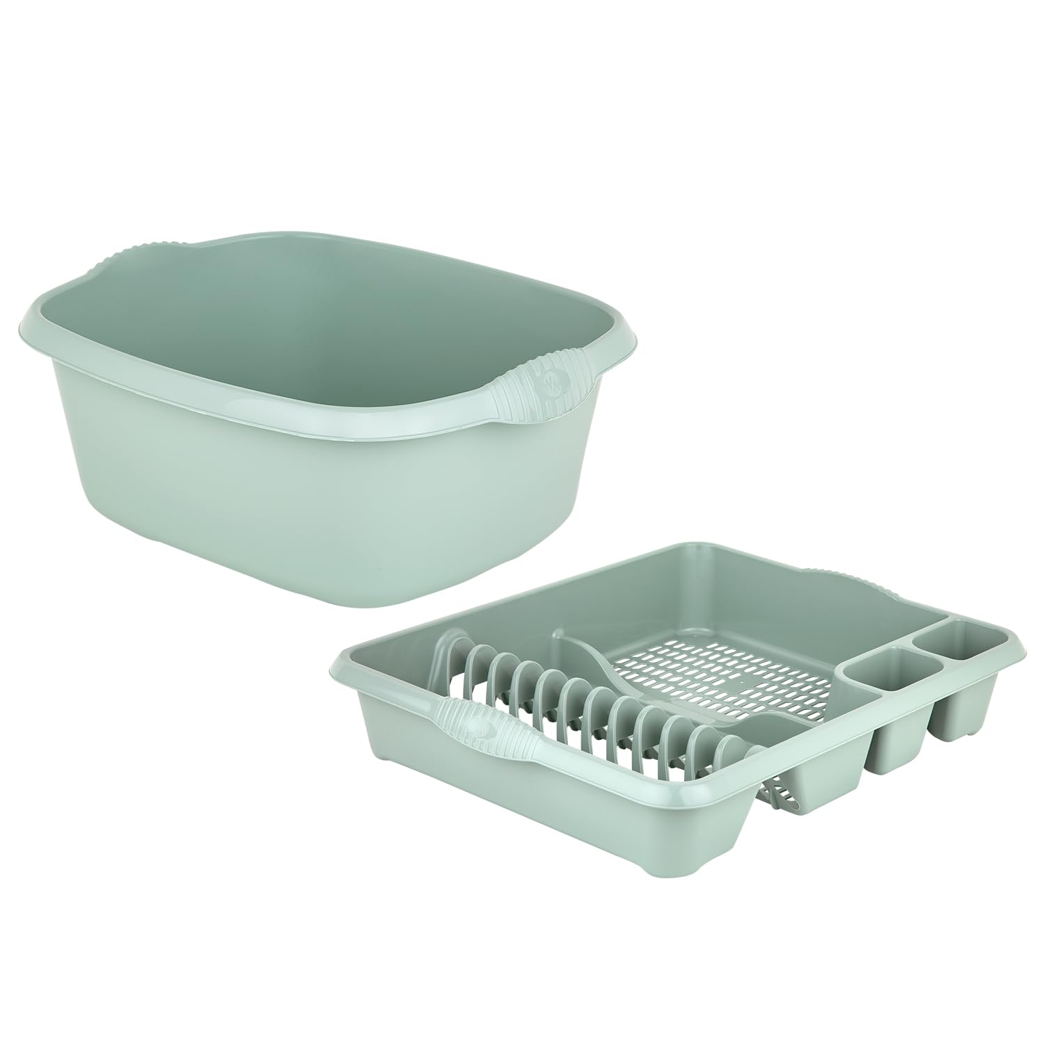 SET OF 2 Large Rectangular Washing Up Bowl with large Dish Drainer For Kitchen Utensils - (Silver Sage, Rectangular Bowl, Large Dish Drainer)