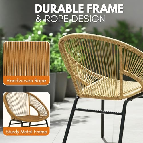 Image of DEVOKO Rope Outdoor 3-Piece Patio Chair Glass Top Round Table Set with All-Weather Rope Design Sturdy Durable Metal Frame for Garden, Balcony, Terrace, Deck(Beige)
