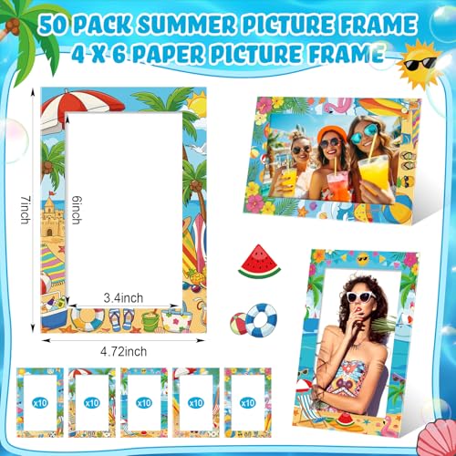 Image of AmazingSpark 50 pack Summer Beach Picture Frame Set 4x6, Tropical Cardboard Photo Frames Bulk with Easel Back, Colorful Coastal Tabletop Display for Vacation Photos, Party Decoration Home Desk Decor