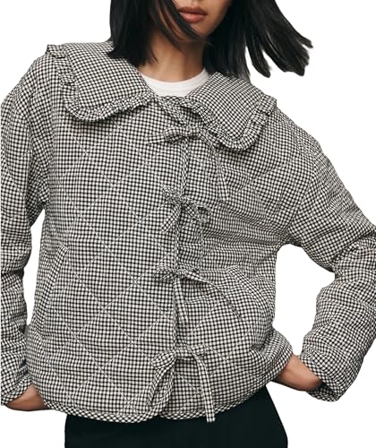 Women's Cropped Plaid Quilted Jacket Tie Front Lightweight Ruffled Lapel Collar Puffer Padded Coats with Pockets