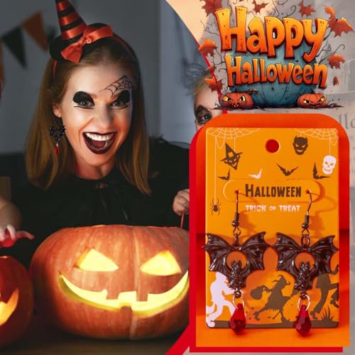 CEJAS 2er Set Gothic Fledermauskrähen-Ohrringe – Schwarz Rot Kristall baumeln Tropfen Punk Vintage Goth Ohrringe für Damen Halloween Cosplay Party