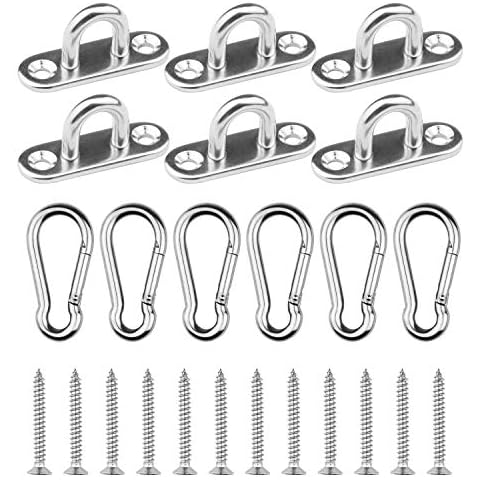 EXCELFU 6 Pieces Stainless Steel 1.8 inch Pad Eye Plate U Hooks + 6 Pieces Stainless Steel Snap Hook, Marine Hardware Staple Hook Loop with Screws Cover