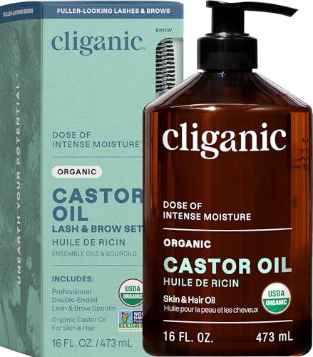 Cliganic Castor Oil Organic Cold Pressed for Eyelashes, Eyebrows, Skin 16oz
