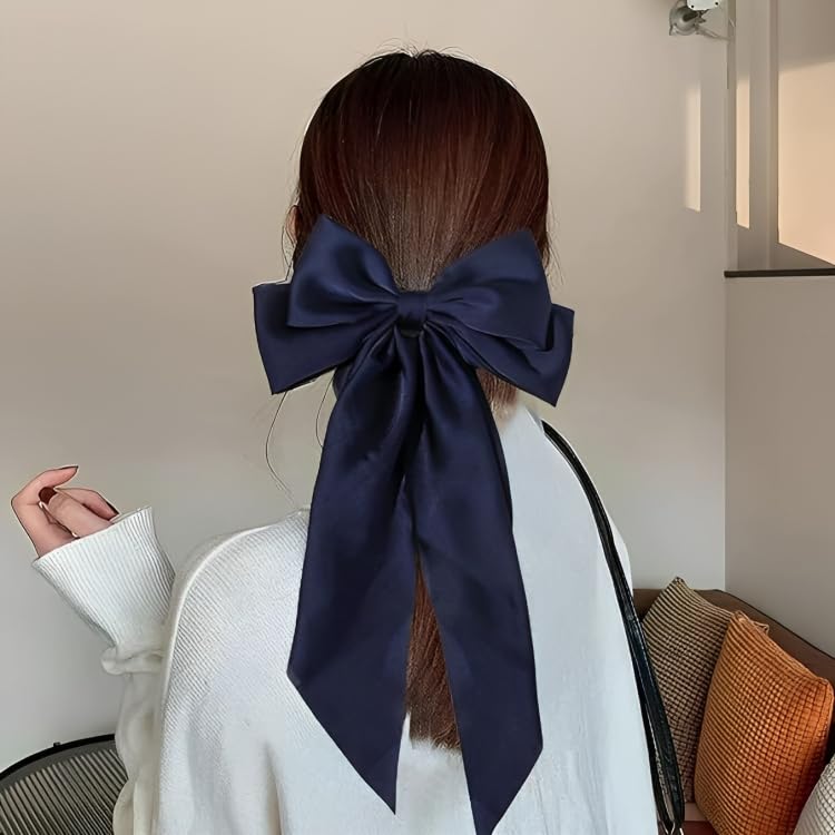 Image of FilterFashion Big Satin Layered Hair Bows for Women Girls 11.5 Inch Barrette Hair Clip Long Back Ribbon Bows French Style Hair Accessories (NavyBlue,BabyPink)