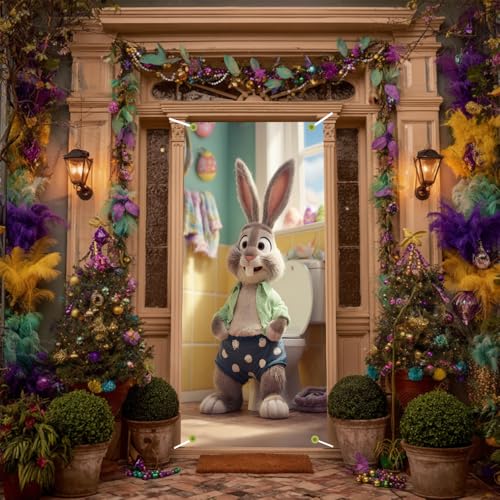 Image of Easter Door Cover Funny Bunny Bathroom Door Banner Happy Easter Door Covers for Front Door Spring Easter Door Decorations 35x71 Inch