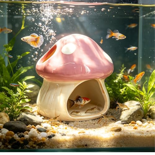 Image of Ceramics Mushroom House Aquarium Decor, Betta Fish Tank Accessories Landscape Decoration, Small Shrimp Goldfishes Habitat Hut Pleco Smalland Breeding Hide Caves Toad House - Pink