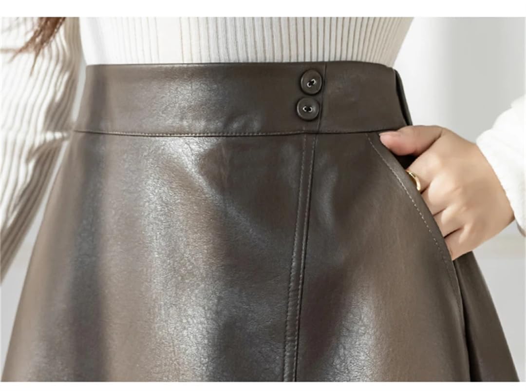 Autunno Inverno PU Faux Leather Donna Gonne Lunghe Elastico Vita Alta Vintage A-Line Gonne