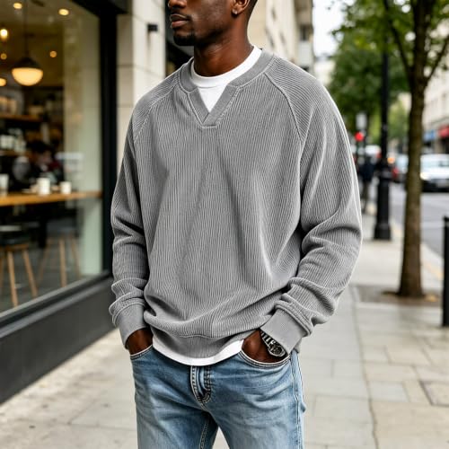 moolBeko Corduroy Shirt Men Layered Long Sleeve Shirt V-Neck T-Shirts - image 2
