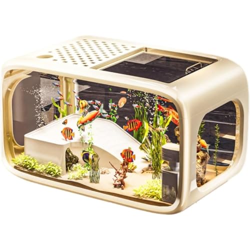NYHGOXM アクリル製 小型水槽セット 蓋付き 軽奢華 透明 金魚/メダカ/ベタ/テトラ 飼育 リビング・玄関 インテリア水槽 観賞用 (デラックスモデル + ブースターポンプ,ホワイト)