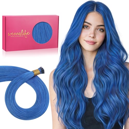 Image of WENNALIFE I Tip Hair Extensions Human Hair, 25g 25s 14 inch Blue Remy Itip Human Hair Extensions Invisible Itips Straight I Tips Fusion Extensions Real Human Hair