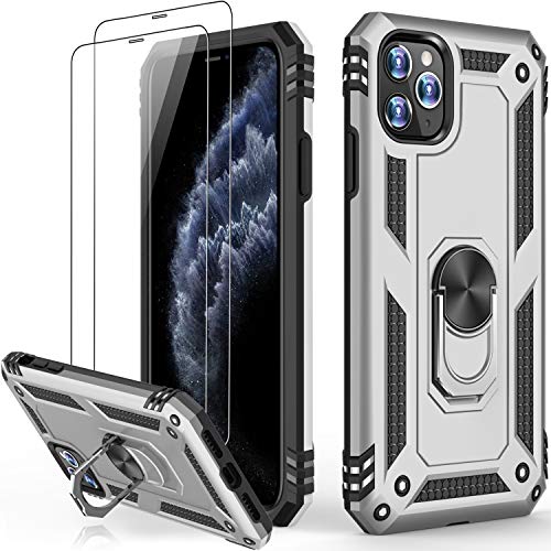 iPhone 11 Pro Max Case with Tempered Glass Screen Protector,Military Grade 16ft. Drop Tested Cover with Magnetic Ring Kickstand Protective Phone Case for iPhone 11 Pro Max 6.5 inch Silver