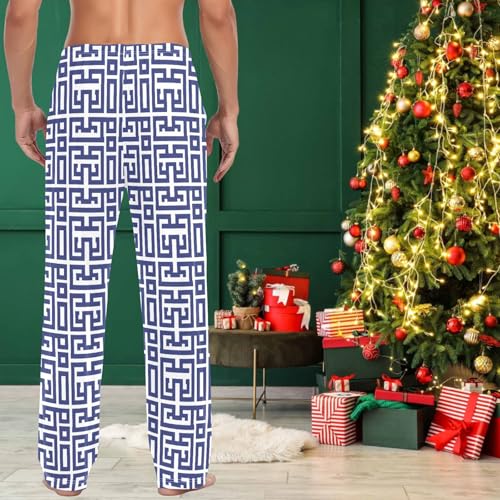 visesunny Mens Cotton Pajama Pants PJ Bottoms Blue Geometric Line Lightweight Soft Lounge Sleepwear with Pockets4