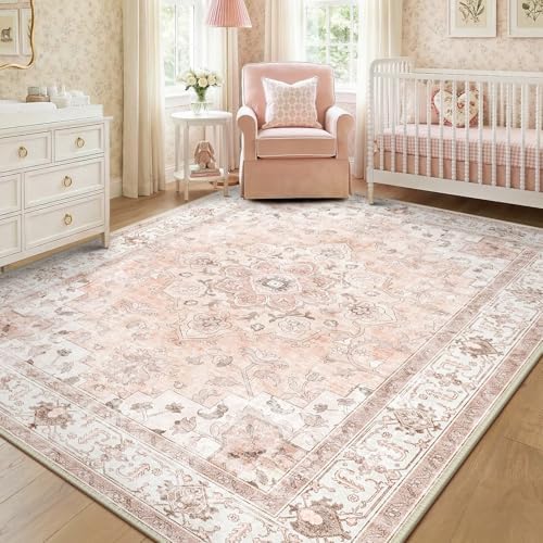 CAPALOCA Machine Washable Rugs Nursery Rug 8x10 Cute Girl Non Slip Low Pile Water Repellent Soft Print Pattern for Bedroom Indoor Decor Kids Playroom Pink