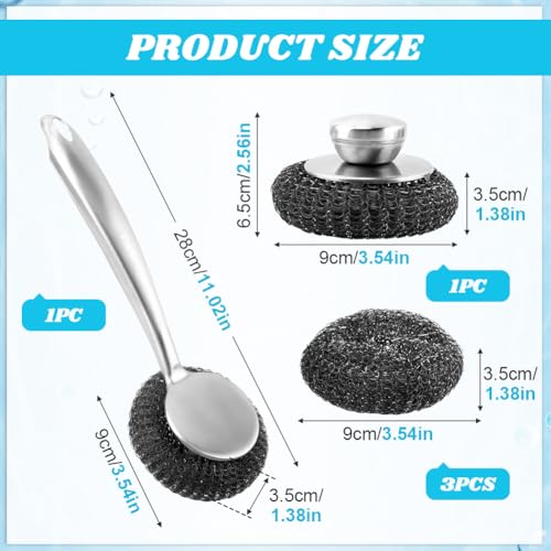 Image of Stainless Steel Wool Scrubber with Handle, 3Pcs Detachable Metal Steel Scrubber Wool Pads for Cleaning Dishes, Metal Scrubber Pot Scrubbers Can Clean Iron Pots Stoves