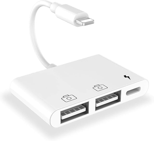 iPhone USB Camera Adapter, Dual USB Female OTG Cable with Lighting Charging Port Adapter, USB Adapter for iPhone Compatible with iPhone 14/13/12/11/X/XS/XR/8/7/Pad