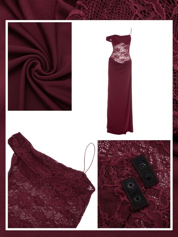 Vestito Donna Elegante Monospalla Spaghetti Strap Abito Lungo in Pizzo Floreale Aderente Vestiti Senza Maniche Sexy Maxi Abiti con Alto Spaccato Laterale Bodycon Abito da Discoteca Festa Sera