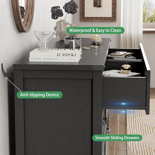 Image of Dresser for Bedroom with 8 Drawers, 48 inch Wide Wood Chest of Drawers with Deep Drawers & Mental Handle, Modern Dresser TV Stand, Wooden Closet Storage Organizer for Living Room, Hallway, Entryway, Black